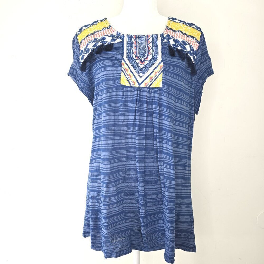 Women's Blue Burnout Aztec Embroidered Boho Tribal Bib Tunic Top